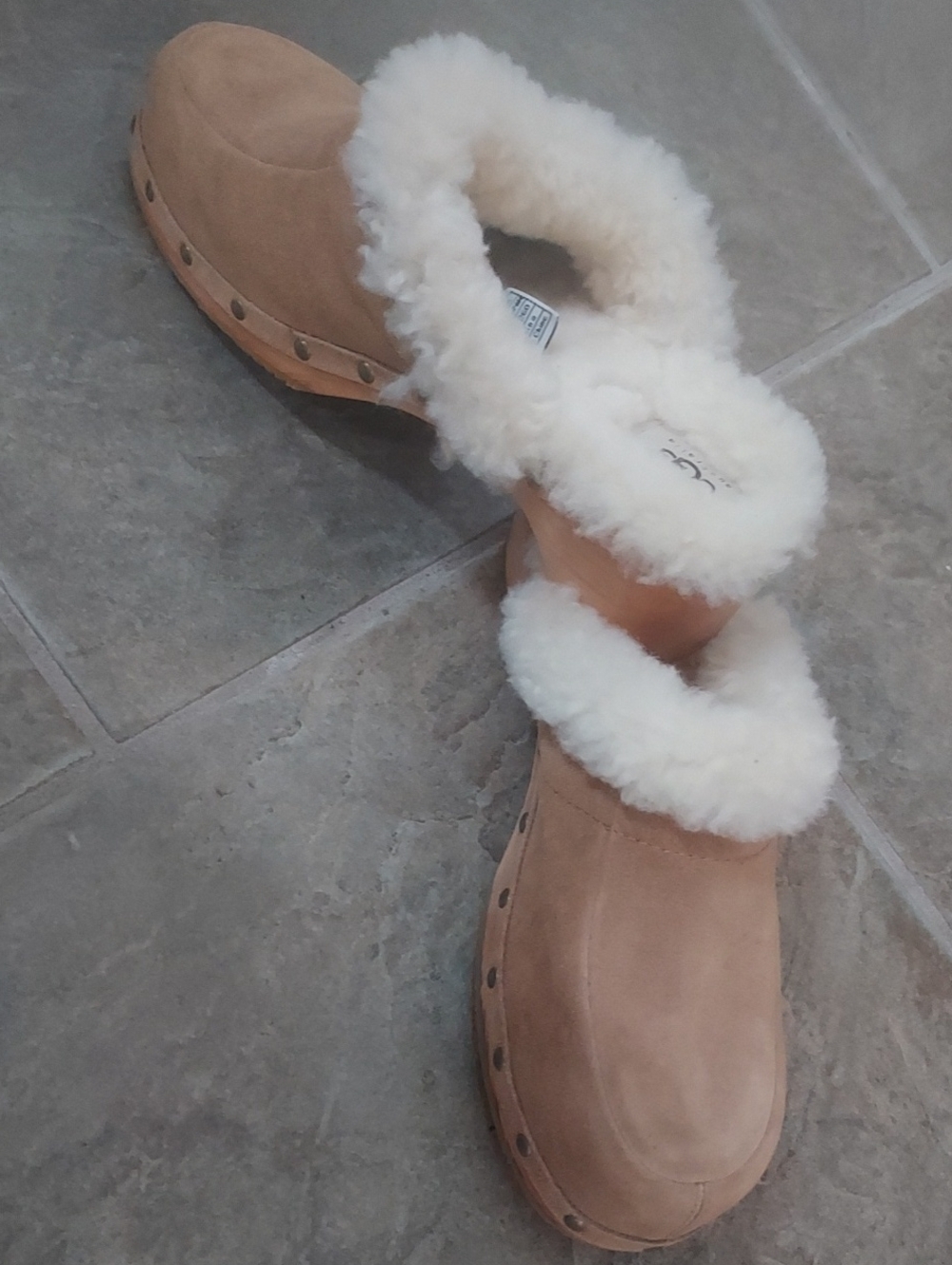 UGG Chestnut Suede Shearling Clog Mules with Cream Fur